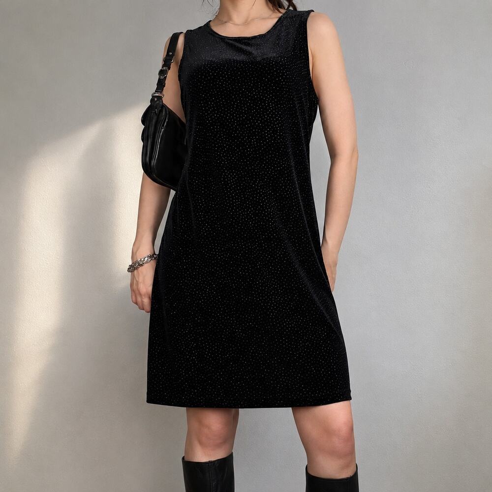 Vintage Black Velvet Sparkle Dress Sleeveless Y2K Goth Party Mini Size Small